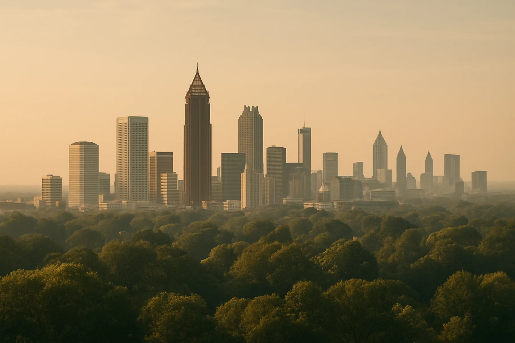 Atlanta skyline at golden hour, viewed from the Cumberland/Galleria area, framed by tree canopy