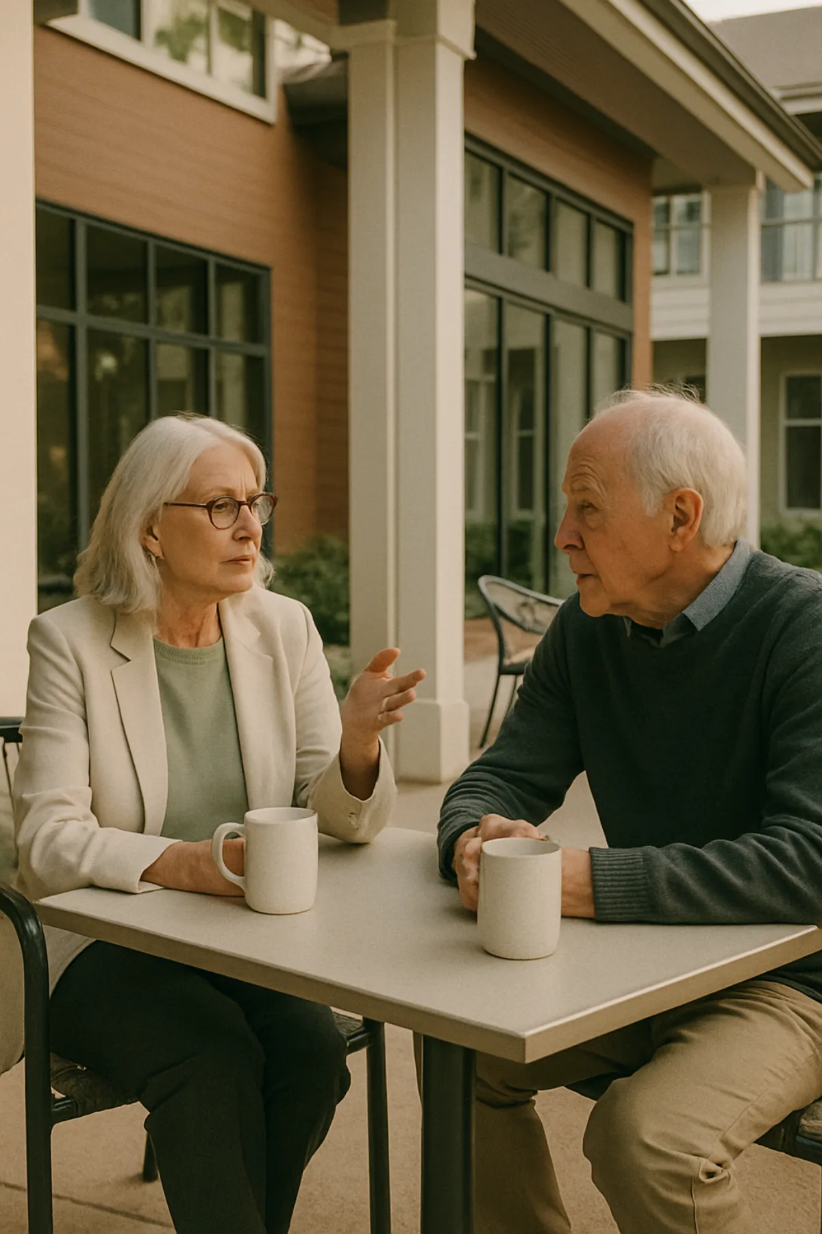 Two residents in conversation at an outdoor terrace at a senior living community.